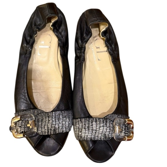 AGL Black Leather Peep Toe Flats Metallic Strap Gold Buckle Size 9 MSRP $350 - Picture 1 of 8